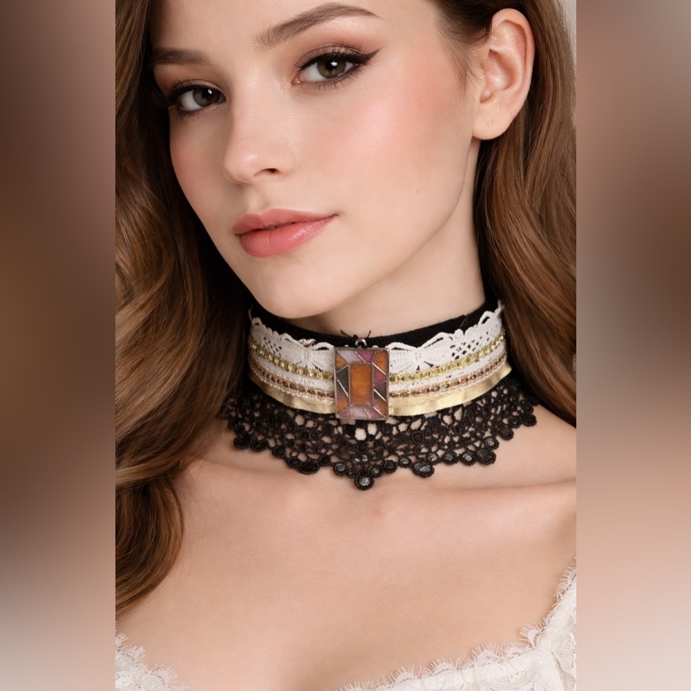 Choker Hand Crafted Black Lace Necklace Collar Gothic w/ Handmade Jewel Charm